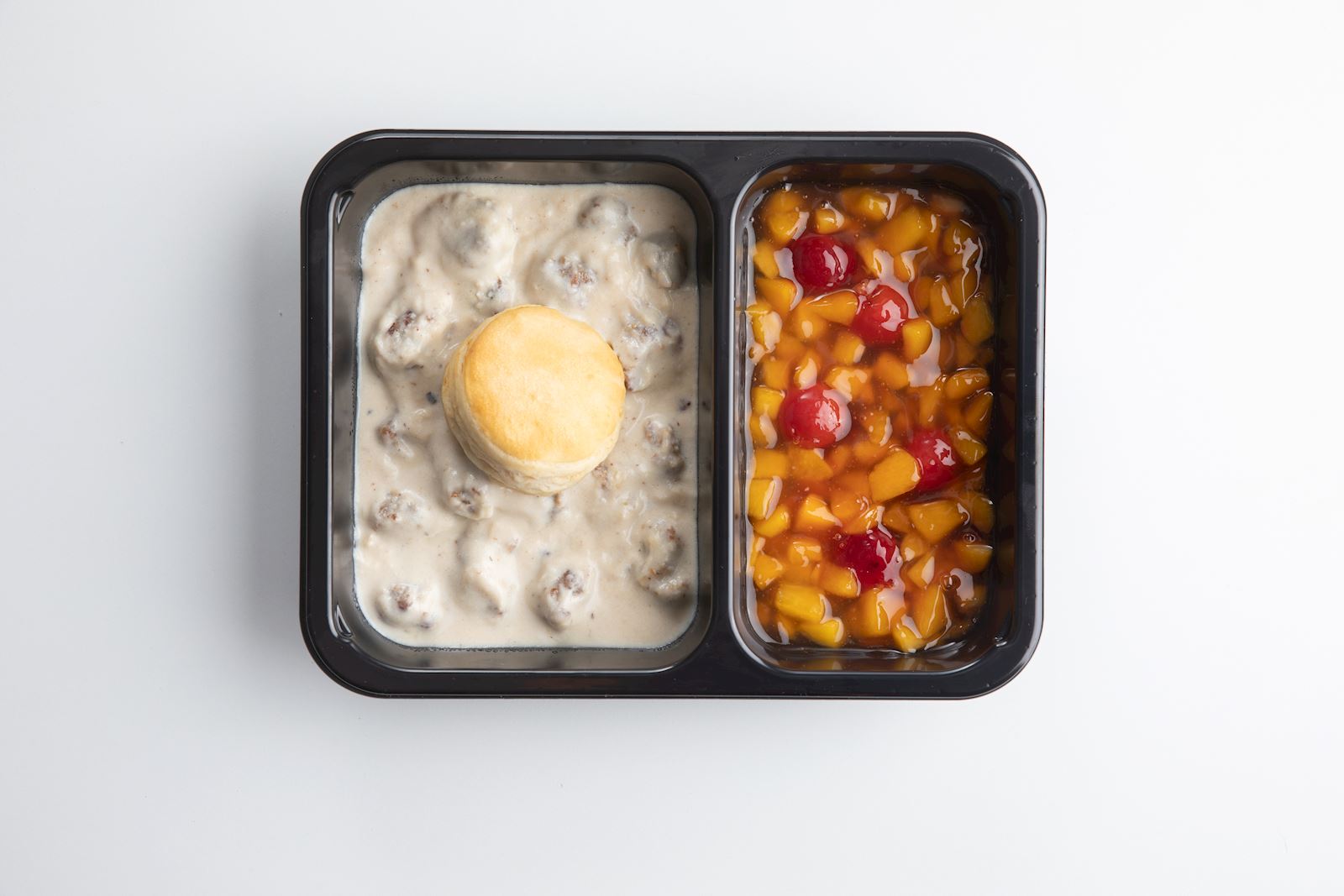 Breakfast Pork Sausage Gravy with Buttermilk Biscut and Peaches