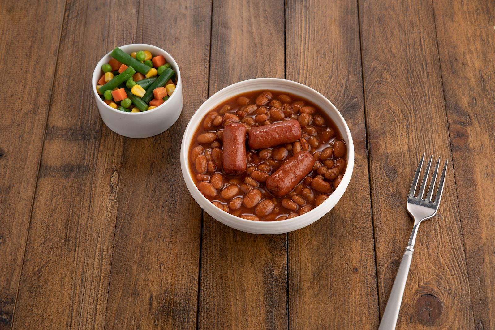 Beef Little Smokies with Baked Beans and Seasoned Vegetables