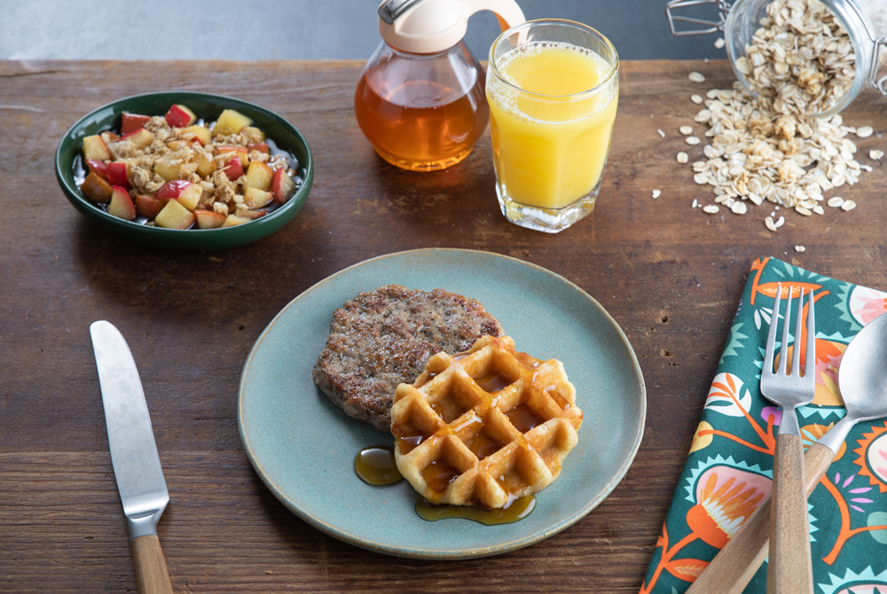 Maple Waffle with Pork Sausage Patty and Cinnamon Apple Crisp
