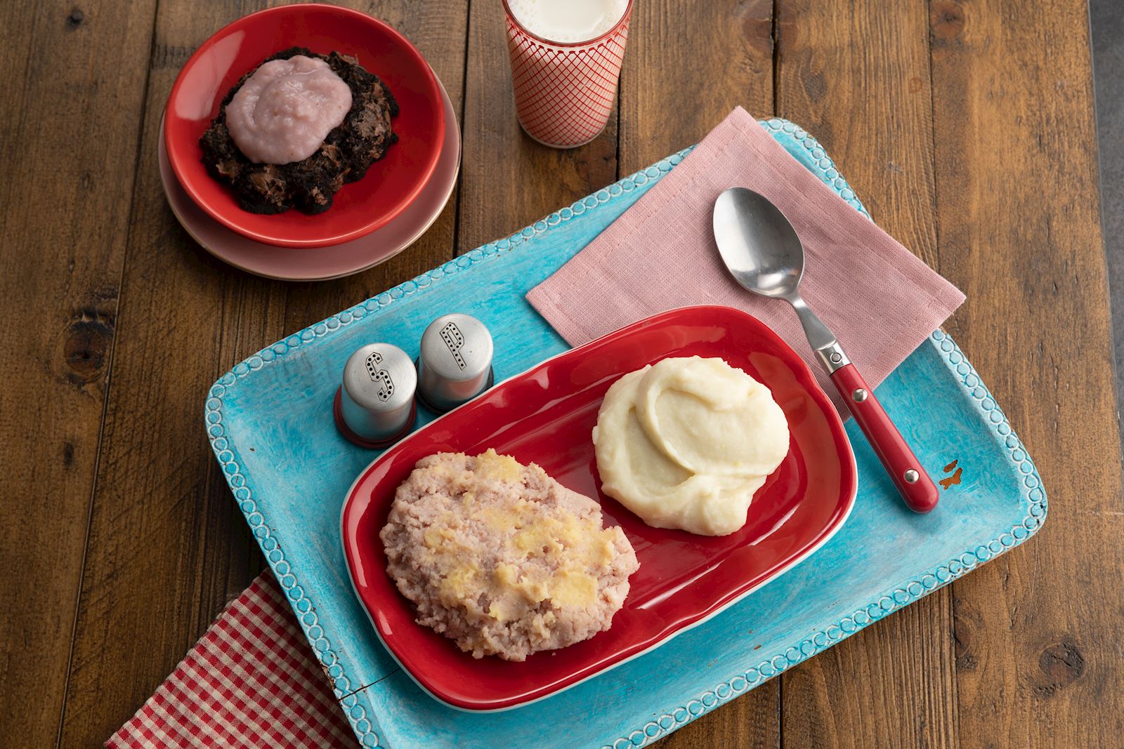 Pureed Brown Sugar Pineapple Ham with Mashed Potatoes and Chocolate Cake with Strawberries