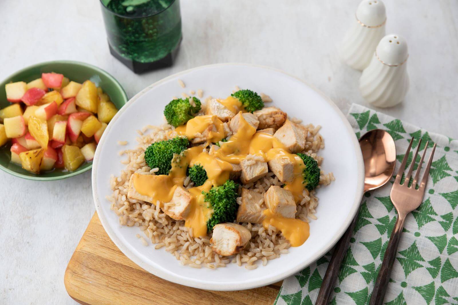 Gluten-free meal cheesy chicken with rice and broccolr