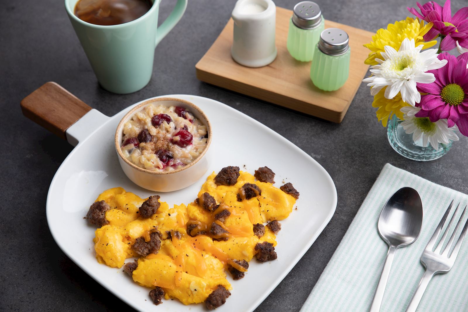 Cheesy Egg and Turkey Scramble with Cranberry Rice Pudding
