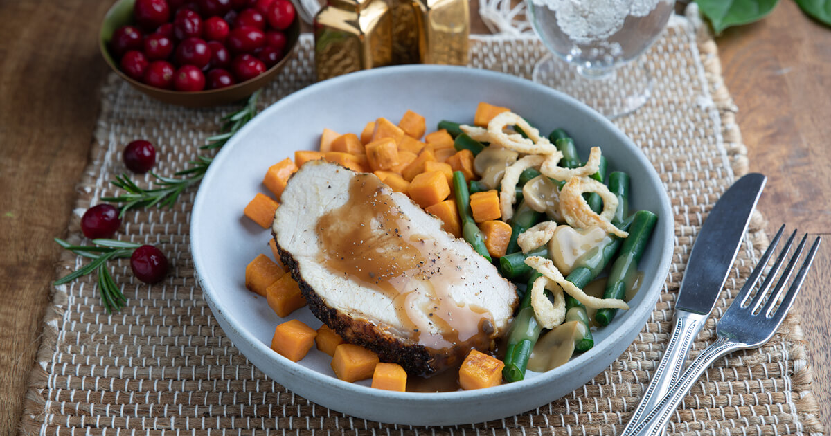 Holiday meal: Turkey with Gravy, Spiced Sweet Potatoes, and Green Bean Casserole